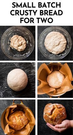 small batch crusty bread for two is shown in four different pictures, including the doughnuts