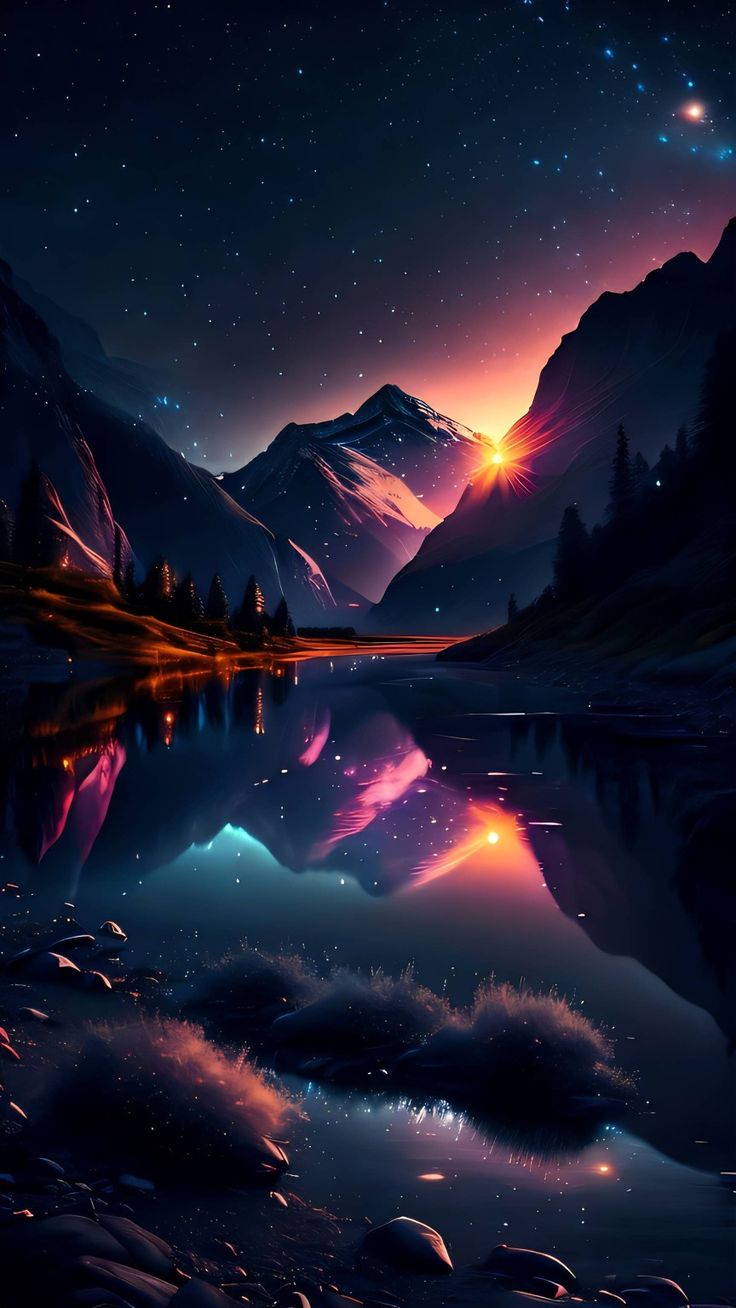 a night scene with mountains, stars and the moon in the sky above it is a body of water