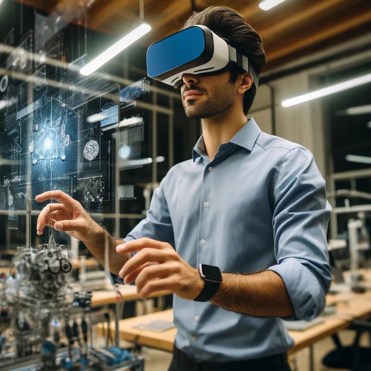 a man in a blue shirt wearing a virtual headset and holding out his hand