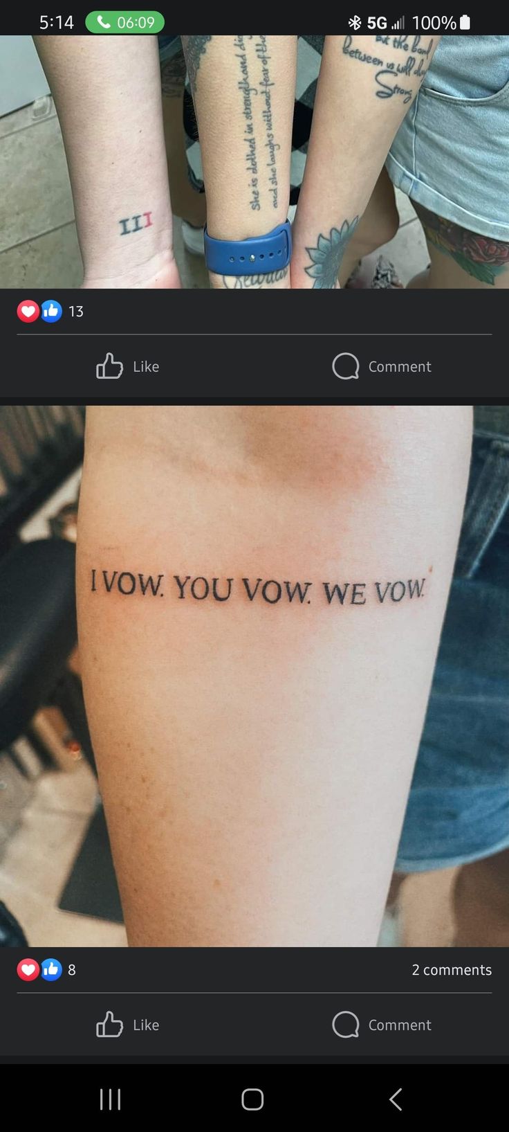 two people with tattoos on their legs and one has the words i love you now