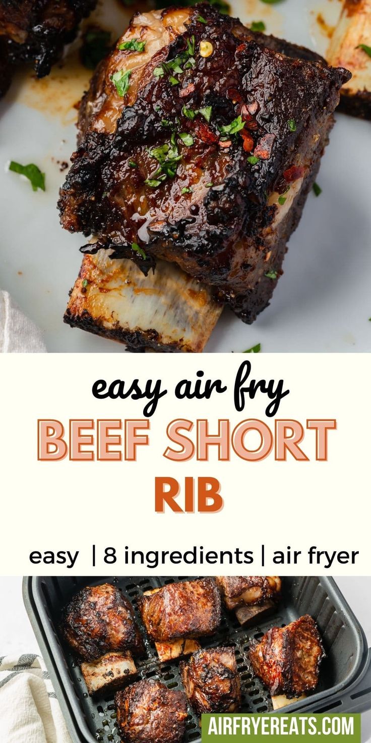 an air fryer with ribs in it and the words, easy air fry beef short rib