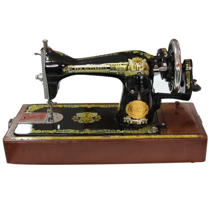 an antique sewing machine is sitting on top of a wooden stand with a white background