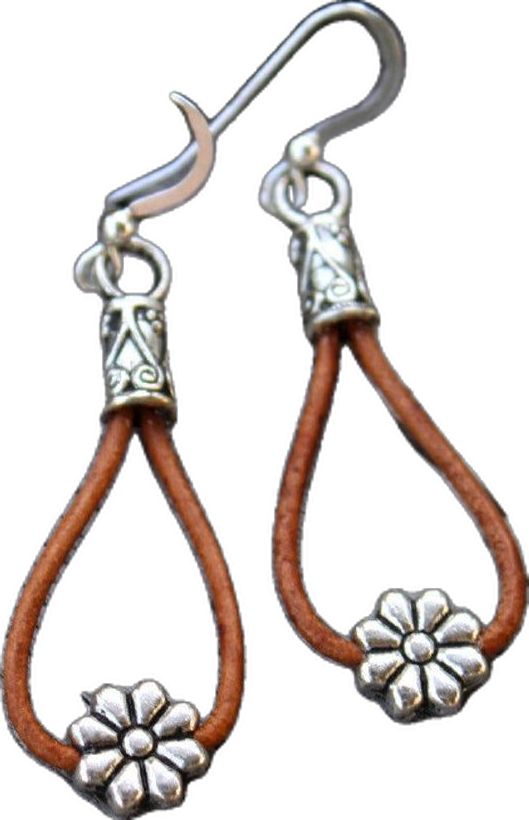 Bohemian Jewelry With Adjustable French Hook, Everyday Adjustable Dangle Flower Earrings, Adjustable Dangle Earrings With Flower Charm, Adjustable Teardrop Flower Earrings, Brown Adjustable Drop Earrings, Adjustable Brown Drop Earrings, Adjustable Nickel-free Flower Earrings For Everyday, Cowgirl Earrings Western, Rustic Leather Dangle Jewelry