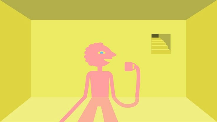 a pink person in a yellow room with stairs