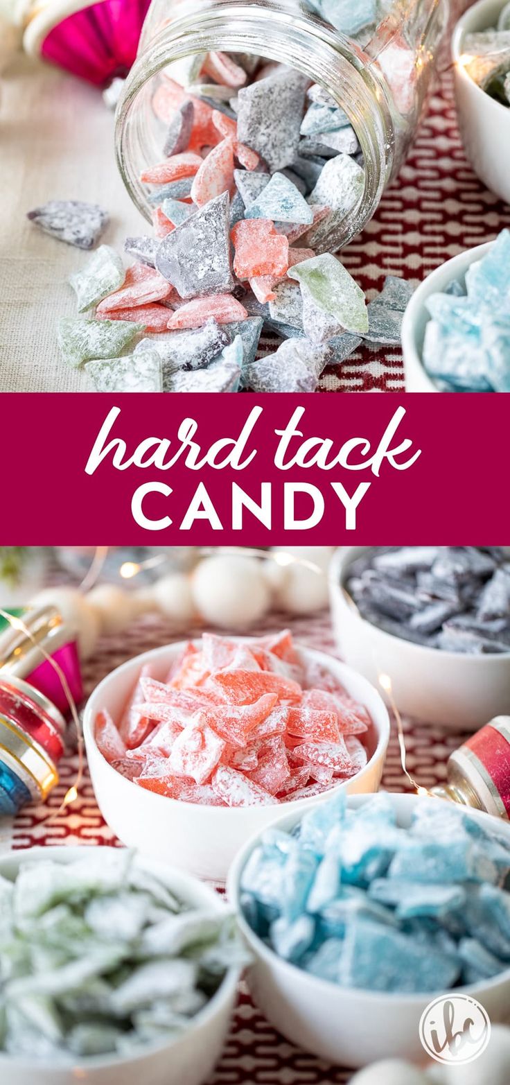 small white bowls filled with hard tack candy. Hard Tack Candy Recipe, Hard Tack Recipe, Hard Christmas Candy, Christmas Rock Candy, Homemade Rock Candy, Rock Candy Recipe, Hard Tack Candy, Hard Tack, Hard Candy Recipes