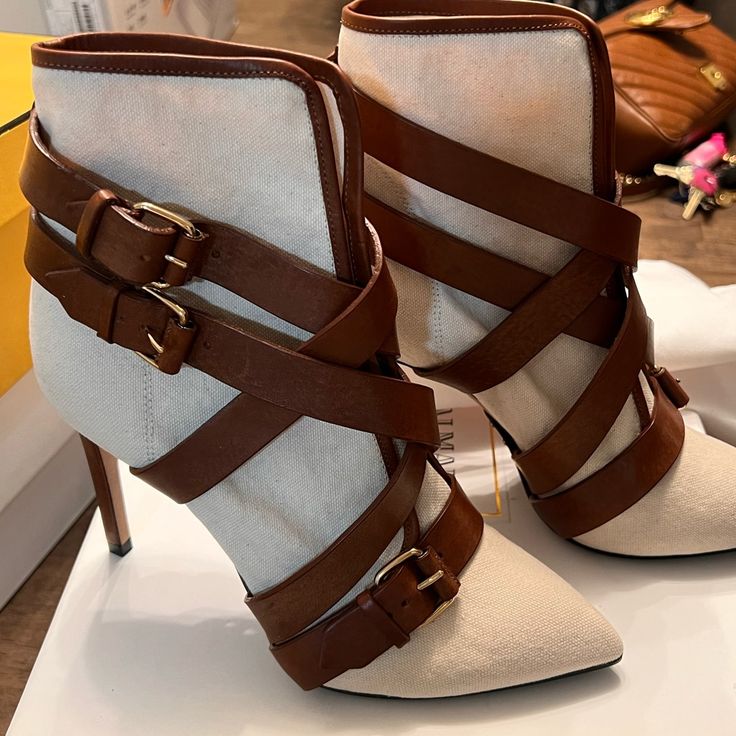 These Booties Are Insane. I’ve Never Seen Anything More Beautiful In My Life And I Have Two Kids. Never Worn. European Size 37. I’m A 7 And They Fit Perfectly. Beige Pointed Toe Boots With Buckle Closure, Chic Ankle Strap Beige Boots, Chic Beige Ankle Strap Boots, Chic Beige Boots With Buckle Closure, Beige Leather Evening Boots, Designer Closed Toe Office Boots, Designer Beige Ankle Boots, Designer Beige Boots For Evening, Suede Pointed Toe Booties With Buckle Closure