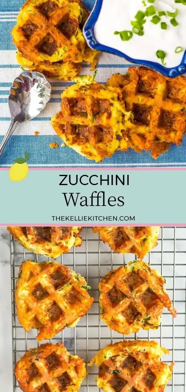 zucchini waffles on a cooling rack with a bowl of yogurt in the background