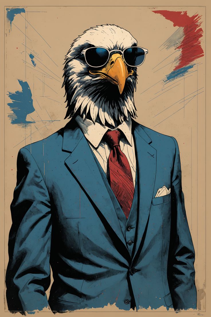 an eagle dressed in a suit and sunglasses