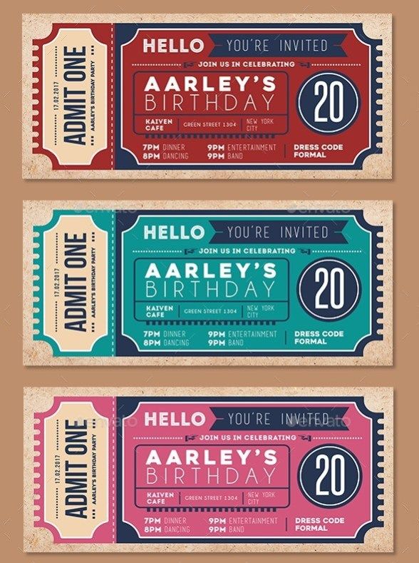 three colorful ticket style birthday cards with numbers on the front and back, one for each