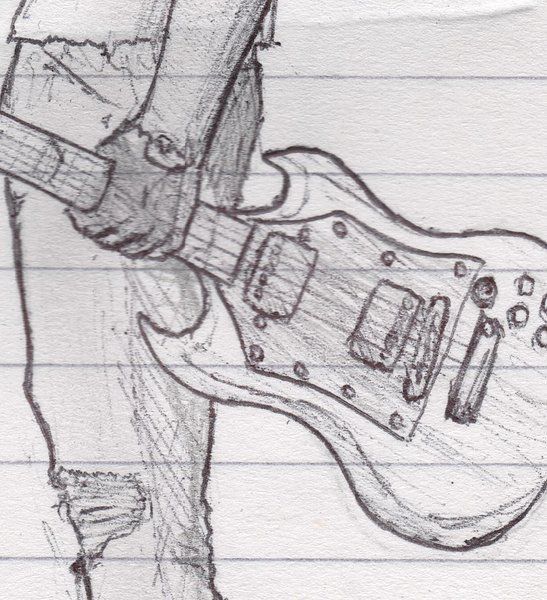 a drawing of a guitar being held by someone's leg with their right hand