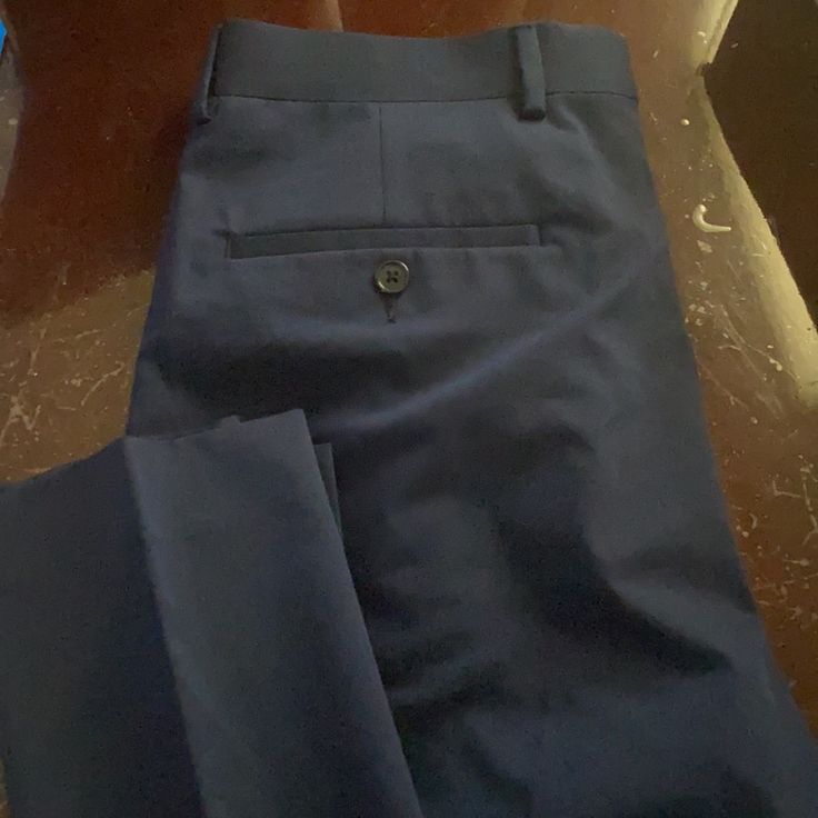 Nwot Nice Material Cute Dark Blue Color Blue Slim Fit Pants With Pockets, Classic Stretch Blue Dress Pants, Classic Blue Stretch Dress Pants, Formal Blue Cotton Bottoms, Tailored Blue Pants With Pockets, Navy Business Bottoms With Pockets, Blue Slim Fit Straight Pants, Blue Slim Fit Full Length Pants, Classic Blue Pants With Pockets