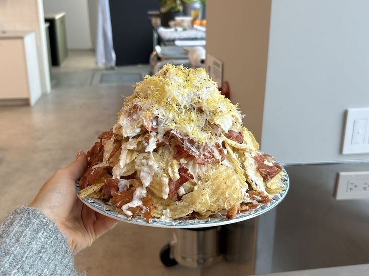 a person holding a plate with food on it in a room filled with other items