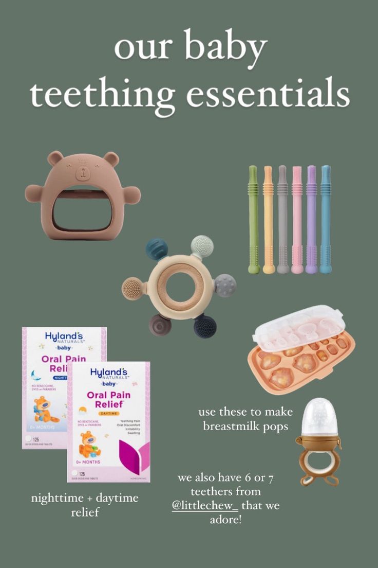 baby teeth and toys are shown with the text, our baby teething essentials