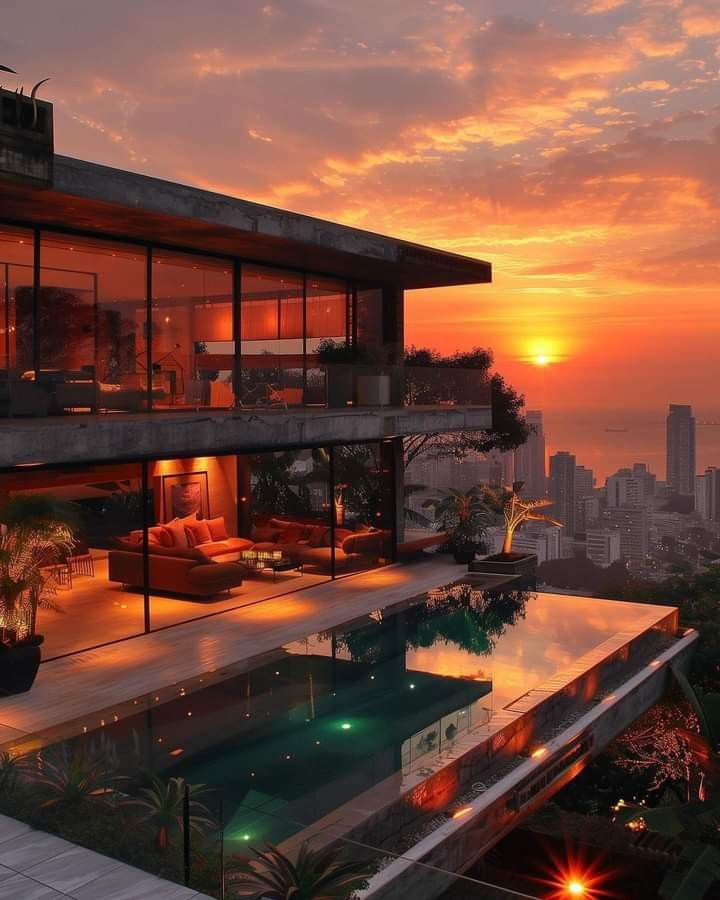 a house with a pool in front of it and the sun setting over the city