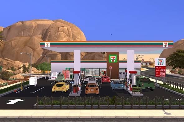 a gas station with cars parked in front of it