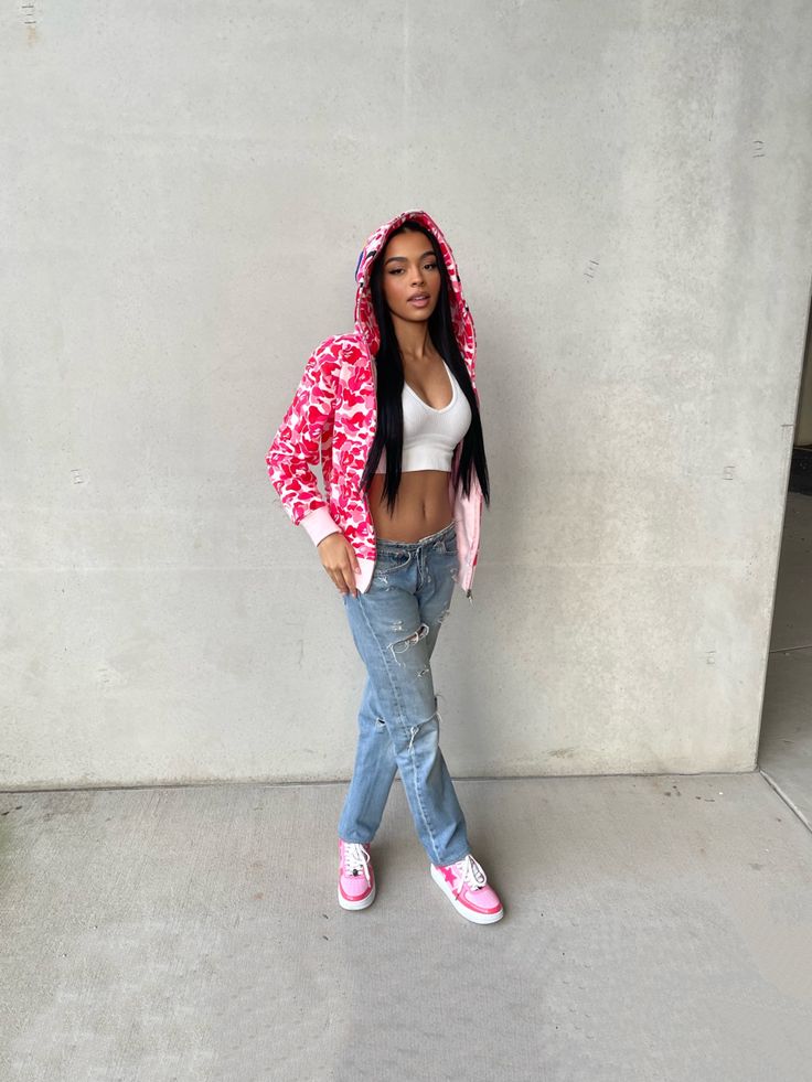 Light skin girl wearing a pink bape hoodie, white crop top , low rise jeans and pink bapesta sneakers. Pink Bapesta Shoes Outfit, Pink Bape Jacket Outfit, Pink Bape Shoes Outfit, Outfits With Bape Shoes, Pink Bapestas Outfit, Pink Bape Outfit, Cute Bape Outfits, Bape Shoes Outfits Women, Bape Hoodie Outfit Girl