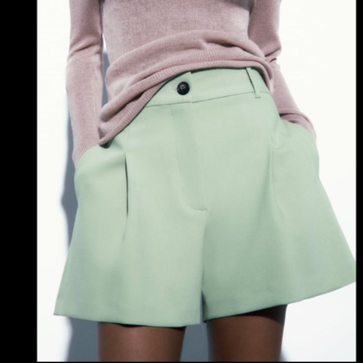 High-Waisted Shorts With Belt Loops Waistband. Side Hidden In-Seam Pockets And Back Welt Pockets. Front Pleat Detail. Front Zip And Button Closure. Zara Bottoms With Built-in Shorts, Green Workwear Shorts With Belt Loops, High-waisted Green Shorts For Work, Chic Shorts With Short Inseam And Belt Loops, Green High-waisted Shorts For Work, Chic Shorts With Belt Loops And Short Inseam, Green Wide Leg Shorts With Pockets, Green Wide-leg Shorts With Pockets, Chic Shorts With Short Inseam And Pockets