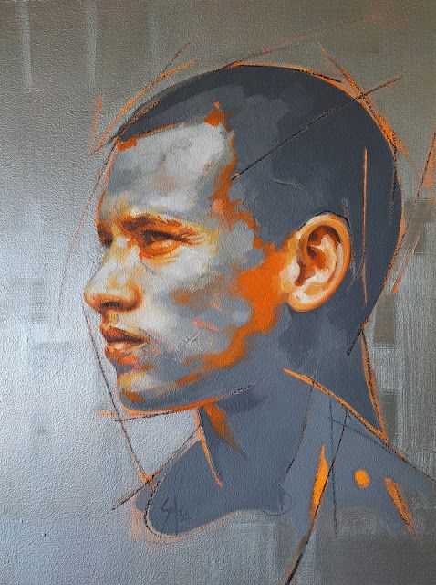 an oil painting of a man's face with orange and gray paint on it