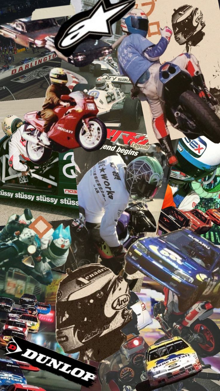 a collage of various racing cars and motorcyclist's in the background