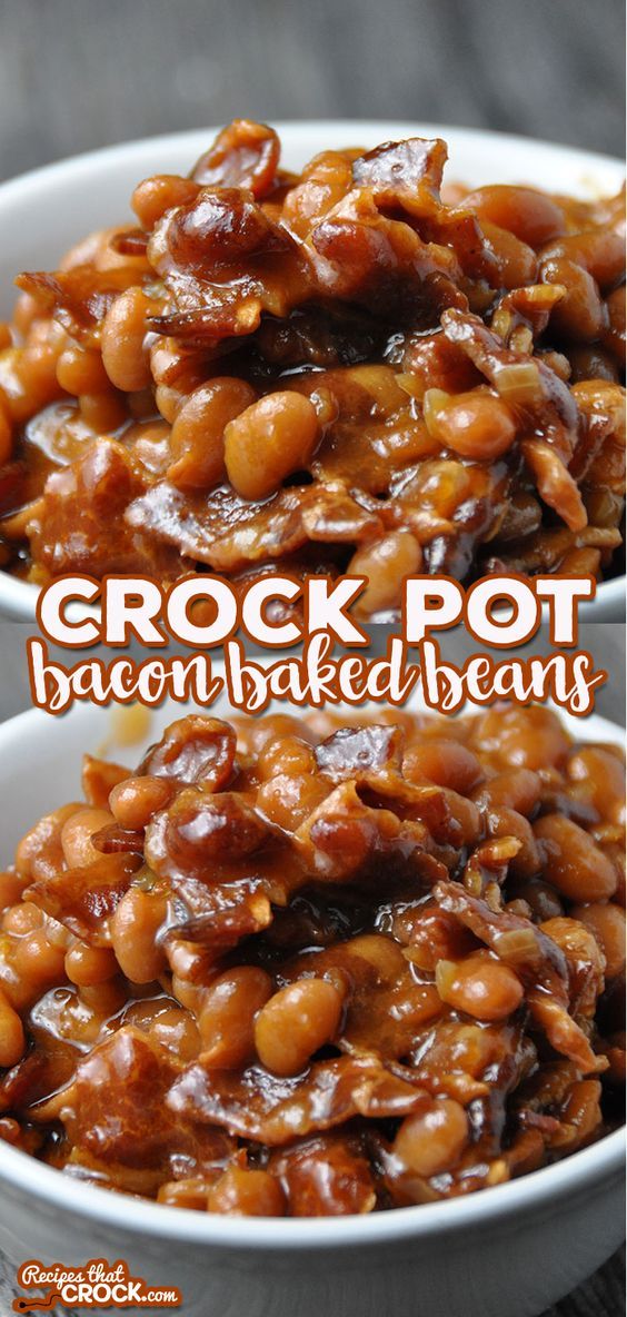 crock pot bacon baked beans in a white bowl