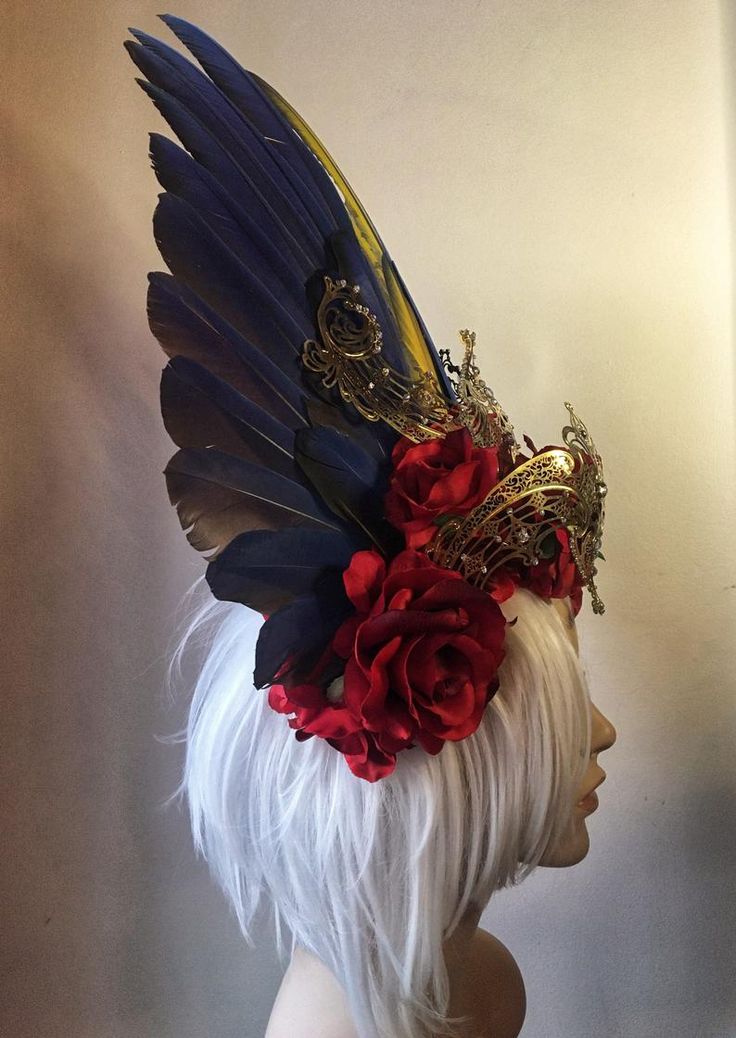 Kinaree Headdress goddess fantasy wedding crown costume | Etsy Red Fantasy Headpiece For Costume Party, Fantasy Headpieces For Cosplay Party Events, Fantasy Headpiece For Cosplay Events, Fantasy Headpieces For Cosplay Events And Parties, Fantasy Red Headpiece For Costume Party, Red Fantasy Costume Headpieces, Fantasy Festival Costume Hats And Headpieces In Red, Crown Costume, Macaw Feathers