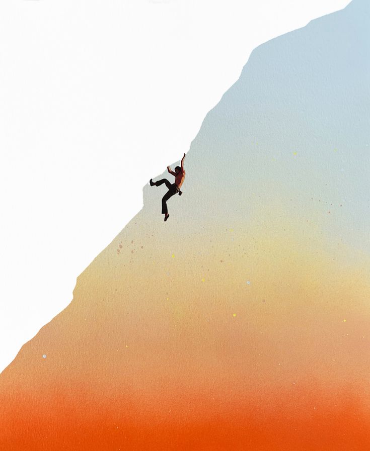 a man is climbing up the side of a mountain with an orange sky in the background