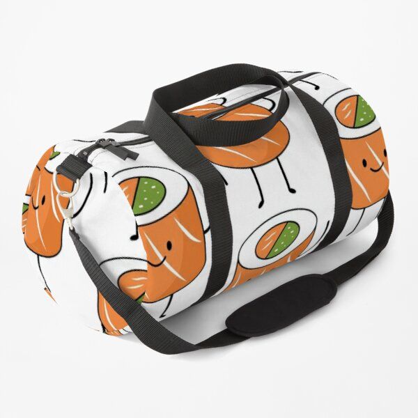 an orange and white duffel bag with sushi on the front, sitting on a white surface