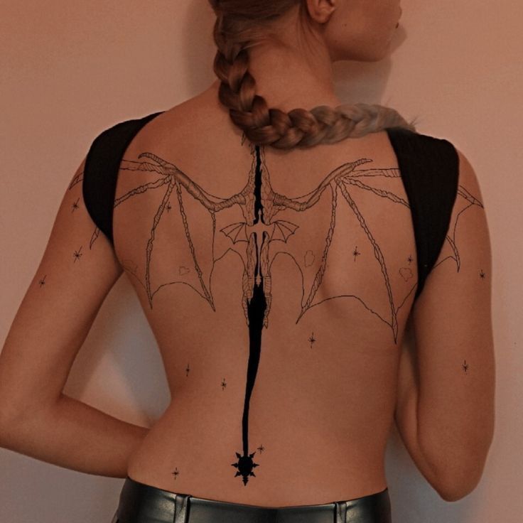 the back of a woman's body with tattoos on it