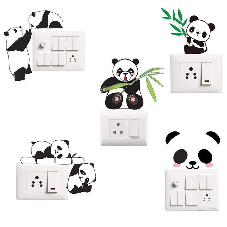 pandas are playing with bamboo leaves on the light switch covers in different positions and sizes