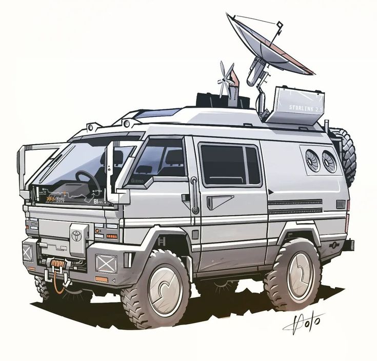 a drawing of an off road vehicle with a satellite dish on top