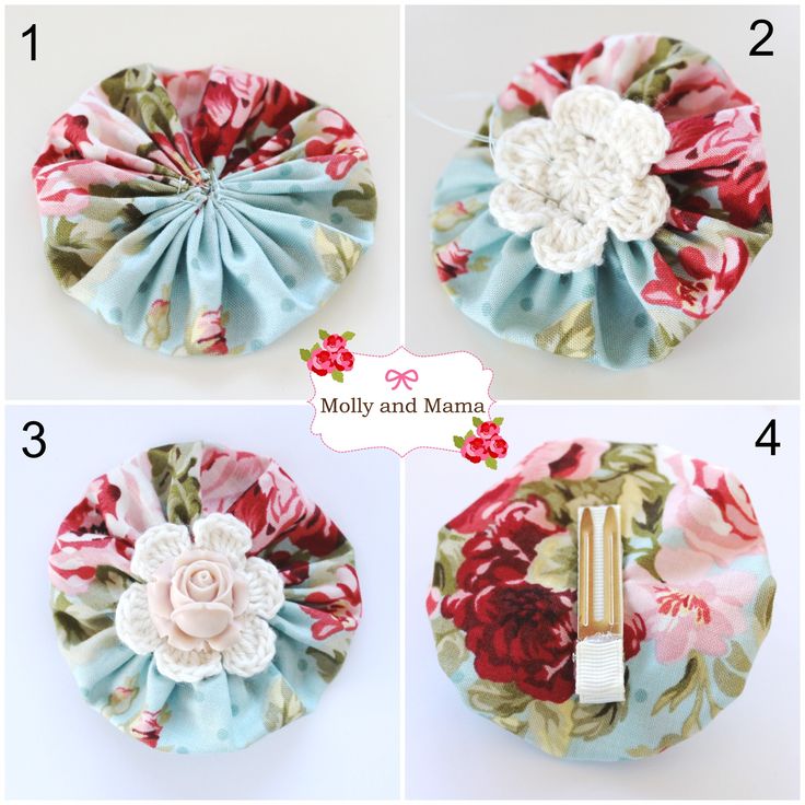 four pictures showing the steps to make a flowery hair clip holder with fabric flowers