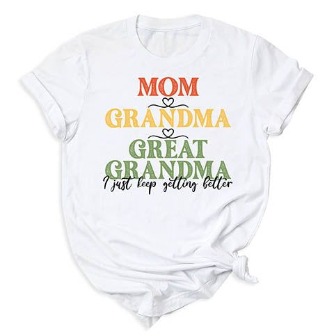 👩👵👵‍🦳 Celebrate three generations with our Mom Grandma Great Grandma Tee Shirts! Soft Style Solid color: 100% Airlume combed and ring-spun cotton Heather Colors: 52% Airlume Combed and ring-spun cotton, 48% polyester Heather Sport colors: 60/40 polyester/cotton 100% No Sweatshops & Eco-Friendly Production For different Mother's Day t-shirt designs, please take a look at our Mother's Day collection. https://www.greatwoodboutique.com/collections/mothers-day-tee-shirts Graphic Print Short Sleeve Shirt For Family Gatherings, Graphic Tee Crew Neck Tops For Family Gatherings, Graphic Tee With Crew Neck For Family Gatherings, Crew Neck Shirt With Letter Print For Family Gatherings, Graphic Cotton T-shirt For Family Gatherings, Family Reunion Graphic Tee With Text Print, Graphic Tee With Text Print For Family Reunion, Graphic Tee T-shirt With Text Print For Family Reunion, Cotton Graphic Print T-shirt For Family Gatherings