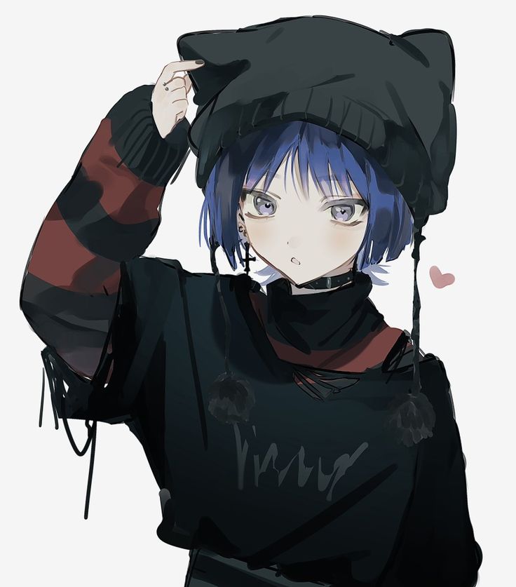 an anime character with blue hair wearing a black outfit and a beanie on her head