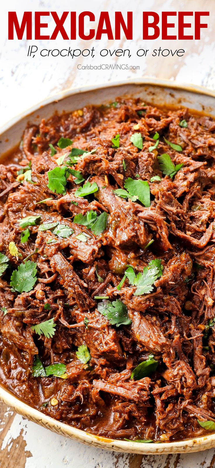 mexican beef in crockpot oven or stove with cilantro garnish