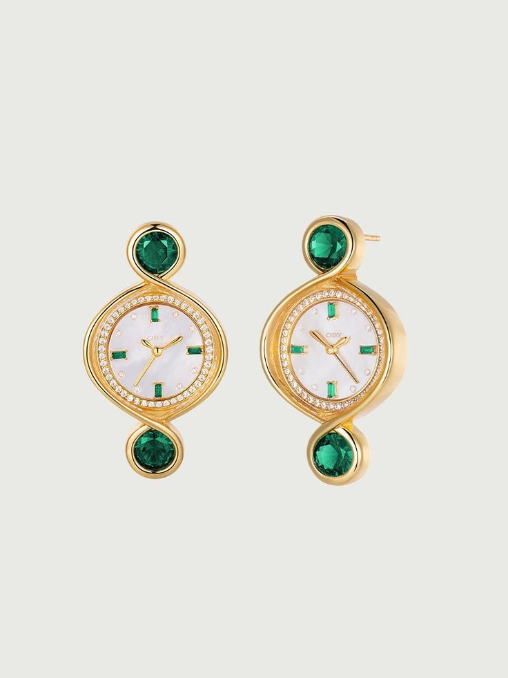 Finesse Gemstone Watch Earrings Timeless Gold Earrings, Elegant Yellow Gold Jewelry With Rotating Bezel, Elegant Jewelry With Rotating Bezel And Round Dial, Timeless Green Jewelry For Evening, Timeless Gold Gemstone Earrings, Timeless Green Evening Jewelry, Elegant Gold Jewelry With Rotating Bezel, Timeless Green Earrings As A Gift, Timeless Green Earrings For Gift