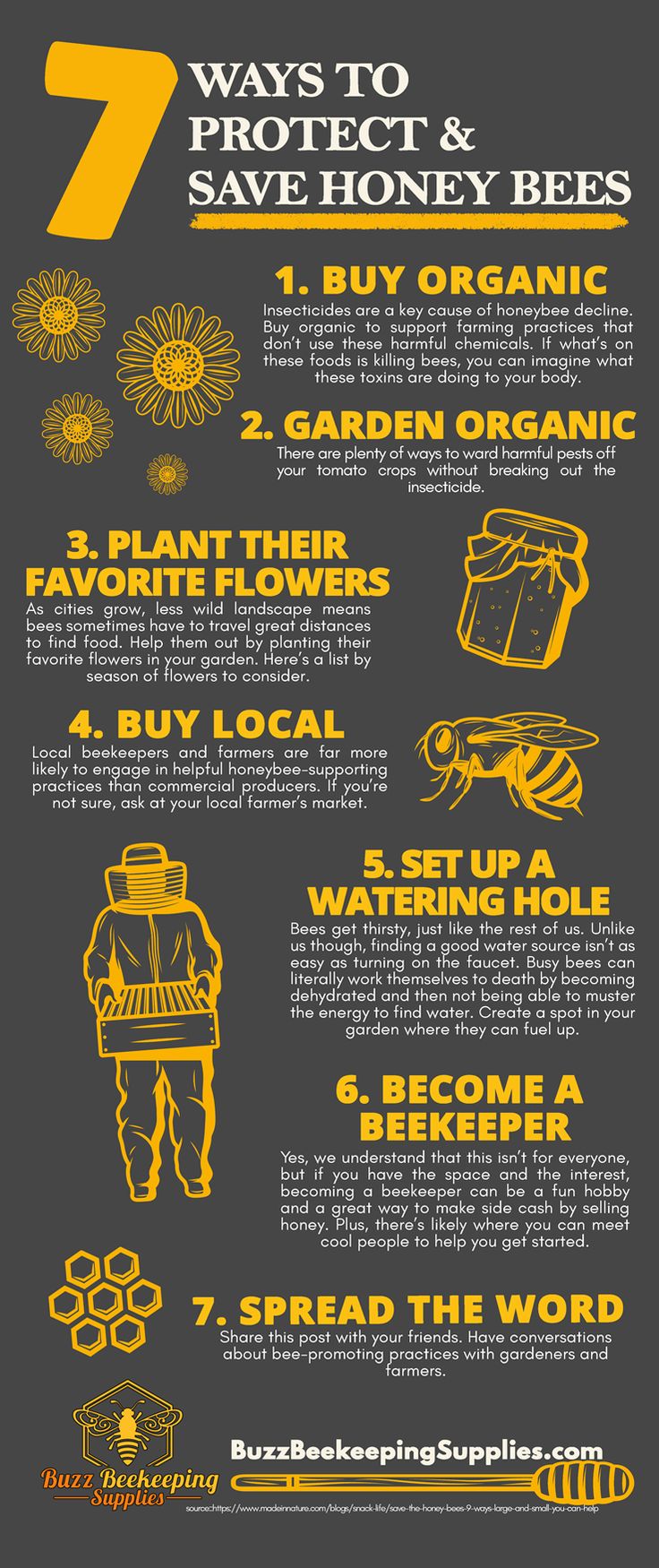 the 7 ways to protect bees from pests and mosquitoes info graphic on dark background