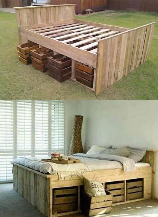 two pictures side by side one has a bed and the other has drawers in it