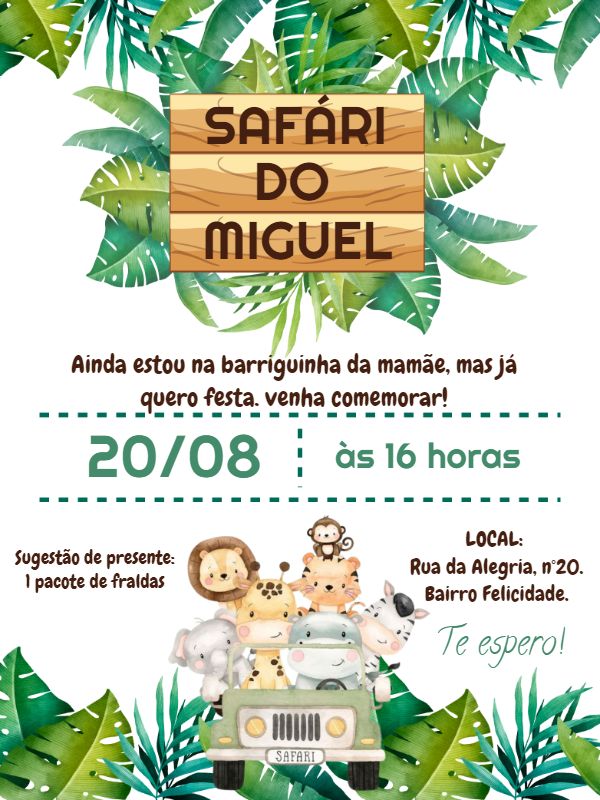 a flyer for a safari party with animals in the back and palm leaves around it