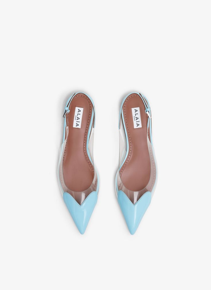 ALAÏA Women's Lagoon Blue LE CŒUR FLAT SLINGBACKS IN PATENT CALFSKIN | ALAÏA US Crazy Horse Paris, Best Corset, Jeweled Belts, Ankle Boots Flat, Mule Sandals, Slingbacks, Blue Lagoon, Small Leather Goods, Mules Shoes