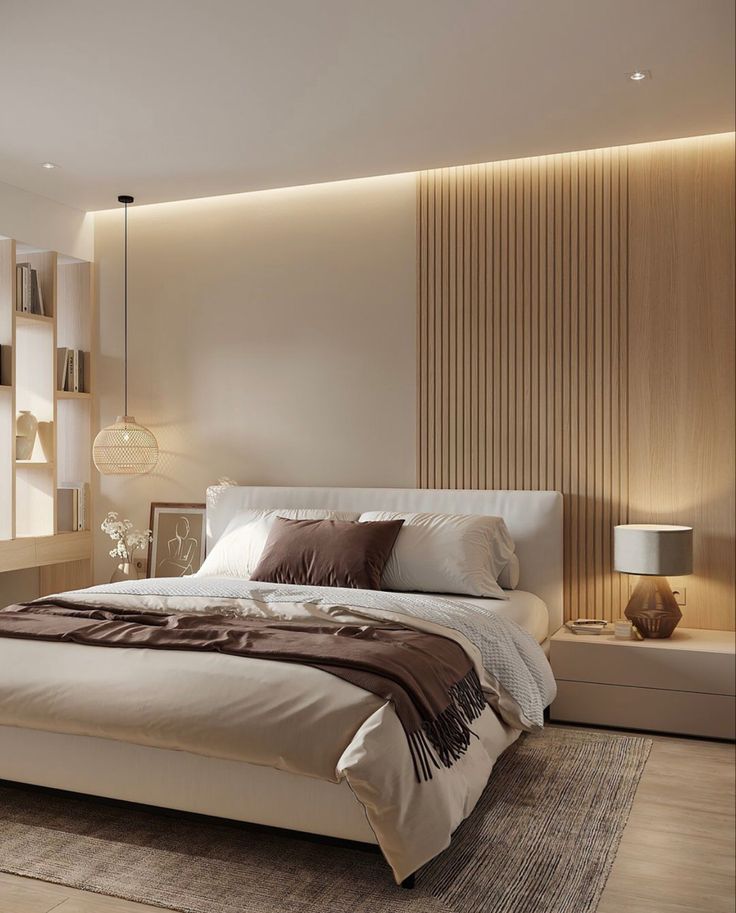 a large white bed sitting in a bedroom next to a wall mounted bookcases