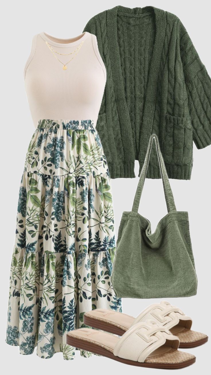 #greenaesthetic #green #cardigan #olivegreen #skirt #churchoutfit #vacationoutfits #beach #outfit #modestfashion #outfitinspo #spring #summer #modest #casual #boho Feminine Modest Outfits Summer, Long Dress Style Casual, Green Gray Outfit, Modern Modest Fashion Summer, Hot Summer Modest Outfits, Teacher Outfit Skirt, Colorful Cottagecore Outfits, Modest Apparel For Women, Outfits For Large Busted Women