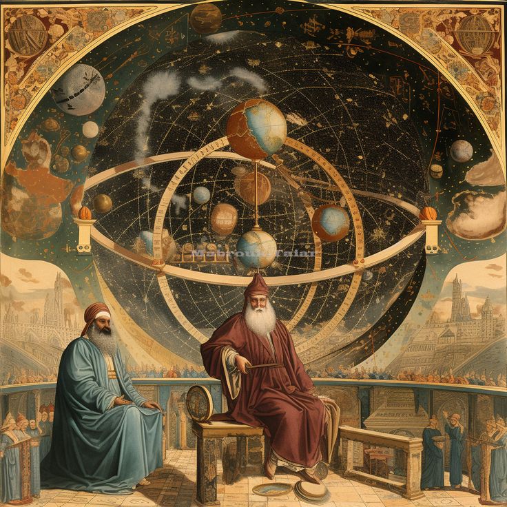 an image of two men sitting in front of a large globe with planets on it