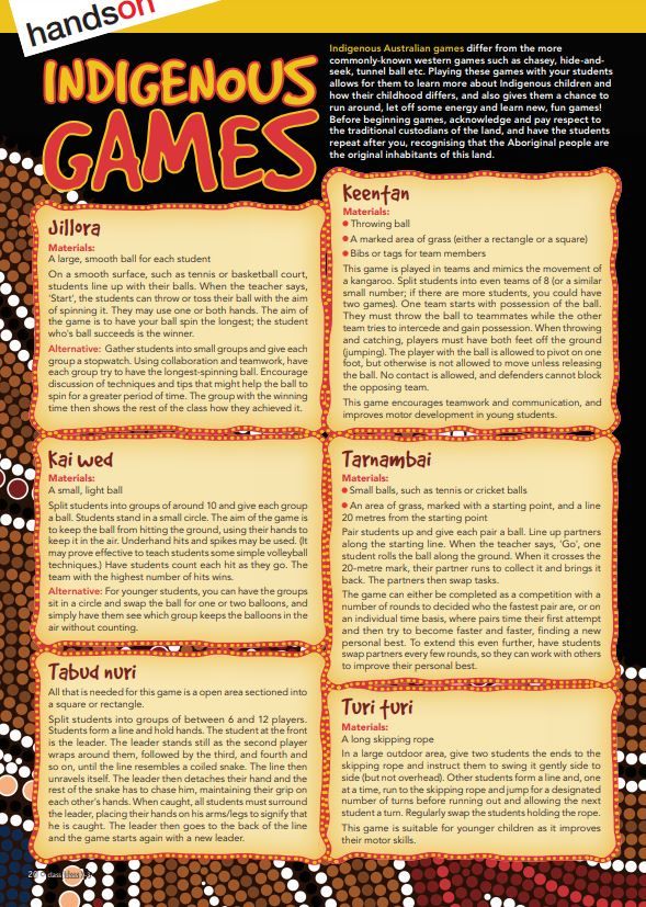 an advertisement for indigenous games on the front cover of a magazine, with words written in different