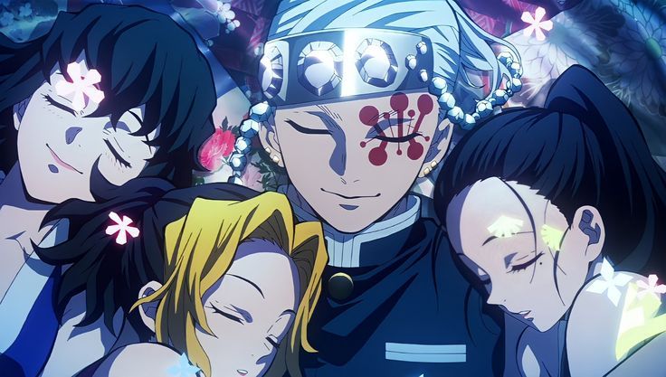 some anime characters are posing together for a photo with flowers in their hair and one has his eyes closed