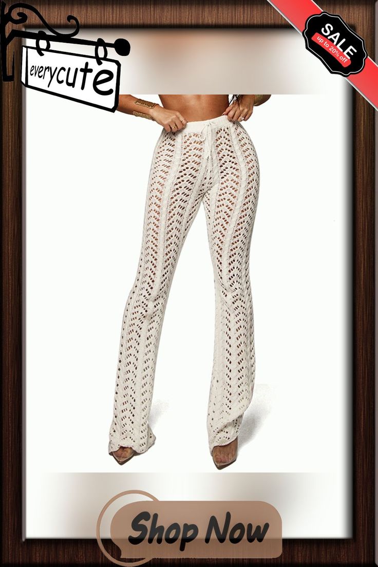 White Hollow-out Crochet Beach Pants Beige Summer Pants For Beach Season, White Beach Pants For Vacation, White Pants For Beach Vacation, Beige Stretch Bottoms For Vacation, Stretch Beige Bottoms For Vacation, Non-stretch Summer Bottoms For Vacation, White Non-stretch Pants For Beach, Beige High Waist Pants For Beach Season, White Bohemian Pants For Beach Season