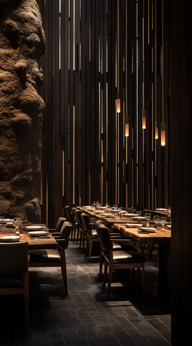 a dimly lit dining room with wooden tables and chairs in front of a rock wall