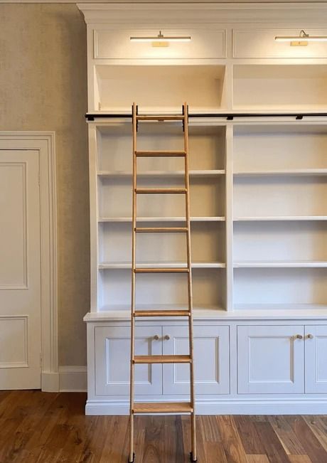 Built In Bookshelves Ladder, Bookcase With Library Ladder, Office Built Ins With Ladder, High Ceiling Library Bookshelves, Library In Home Small, Built In Bookshelf With Ladder, Library Bookshelves With Ladder, Wall Bookshelf With Ladder, Home Library With Ladder Aesthetic