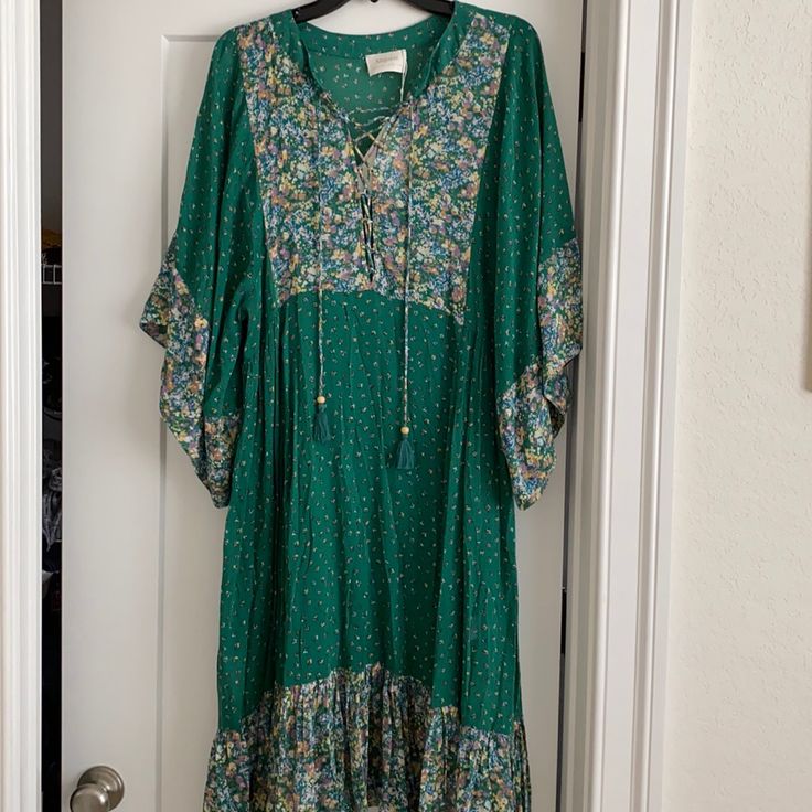 Brand New With Tags Boho Dress Comes With Slip Fits Like A Small/ Medium Us Size 4 Green Boho Dress For Spring, Green Boho Print Maxi Dress For Spring, Green Tunic Boho Dress For Spring, Green Maxi Length Boho Dress For Spring, Spring Green Maxi Length Boho Dress, Green Flowy Boho Dress For Spring, Spring Green Flowy Boho Dress, Flowy Green Boho Dress For Spring, Spring Green Boho Print Midi Dress