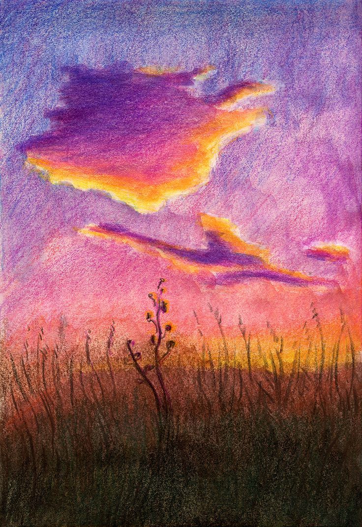 a drawing of the sun setting over a field with grass and flowers in pastel pencils