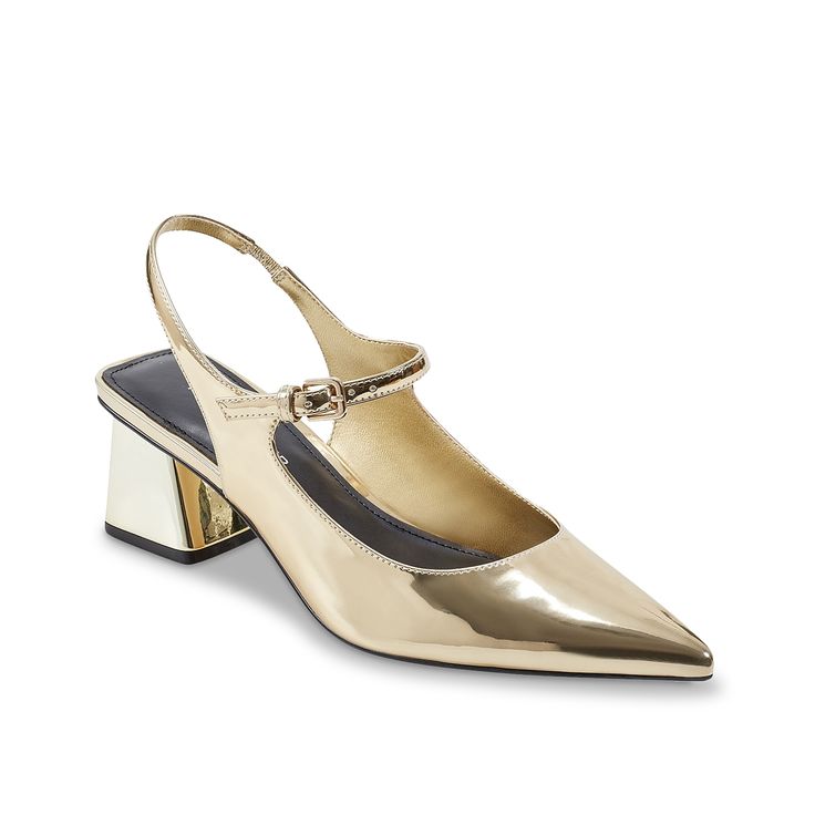 Marc Fisher-Luminos Pump Add a trendy touch to your look with the Luminos pump from Marc Fisher. This pair features a glossy exterior, a sleek pointed toe, and both a slingback and Mary Jane strap. Metallic Pointed Toe Heels With Heel Strap, Gold Pointed Toe Slingback Pumps For Night Out, Gold Ankle Strap Slingback Pumps For Work, Chic Metallic Slingback Pumps For Party, Metallic High Heel Slingback Pumps For Evening, Gold High Heel Slingback Pumps For Work, Glamorous Patent Leather Slingback Pumps, Elegant Metallic Slingback Pumps With Pointed Toe, Chic Metallic Slingback Pumps For Evening